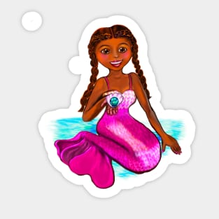 Anime mermaid holding a rare black pearl, brown eyes, Afro hair in two cane rows  and caramel brown skin - light background Sticker